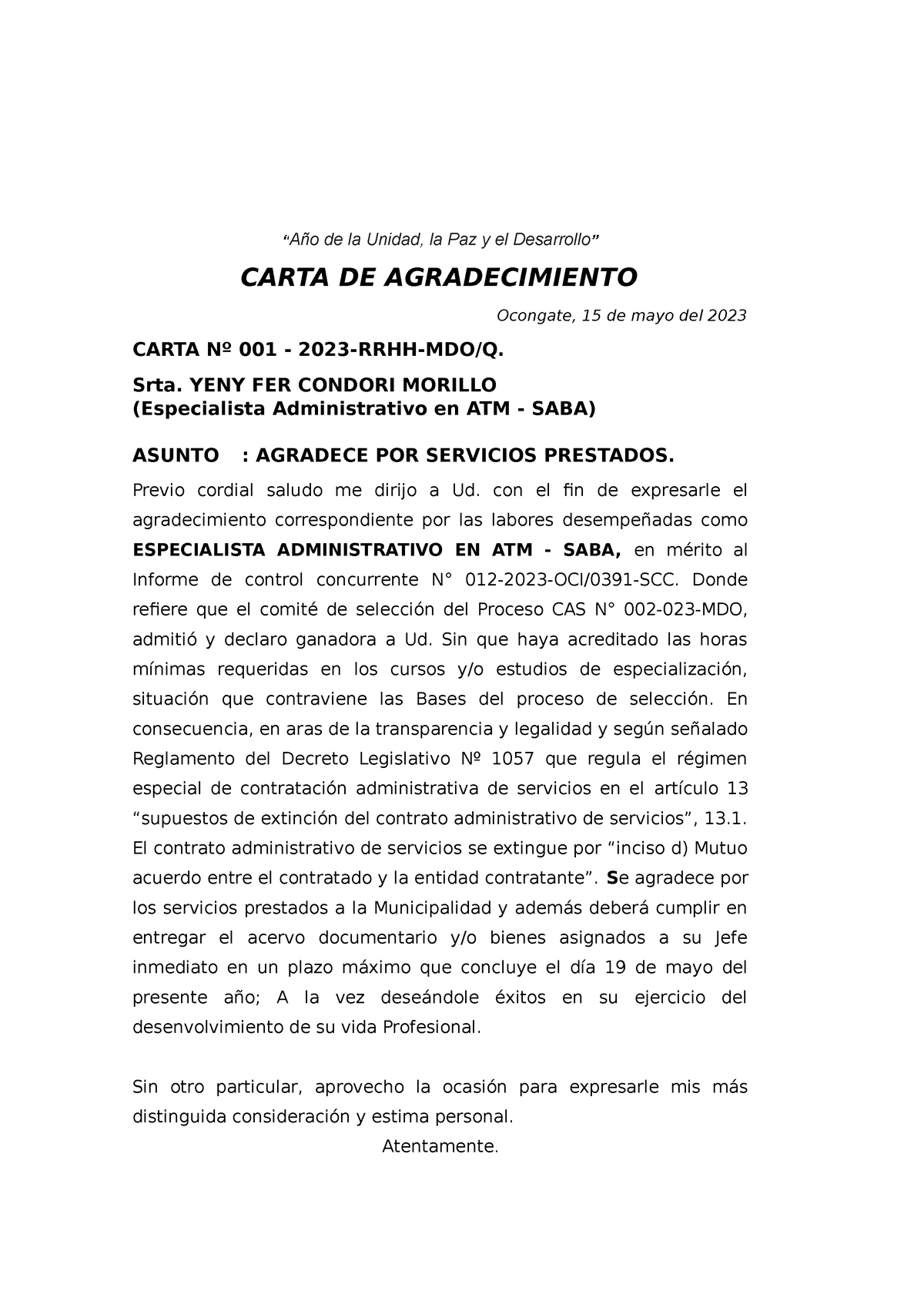 Cartas De Agradecimiento - “Año De La Unidad, La Paz Y El Desarrollo ...