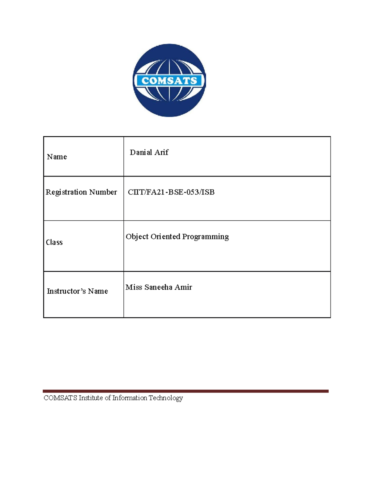 Class Diagram - Name Danial Arif Registration Number CIIT/FA21-BSE-053 ...