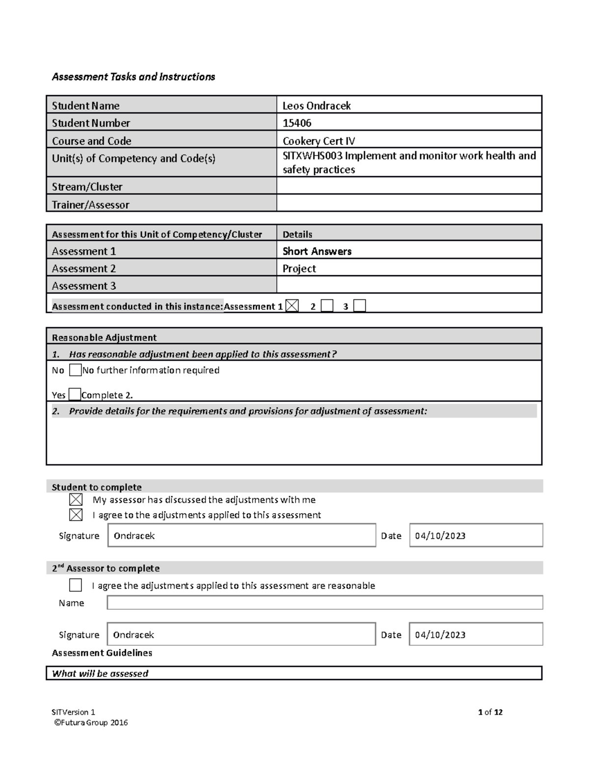 Sitxwhs 003 Assessment 1 -Short Answer - Assessment Tasks and ...