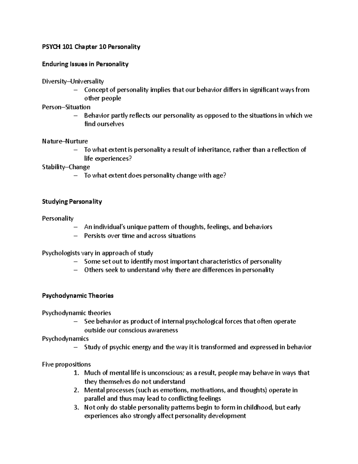 Psych 101 Chapter 10 - Prof. Kang - PSYCH 101 Chapter 10 Personality ...