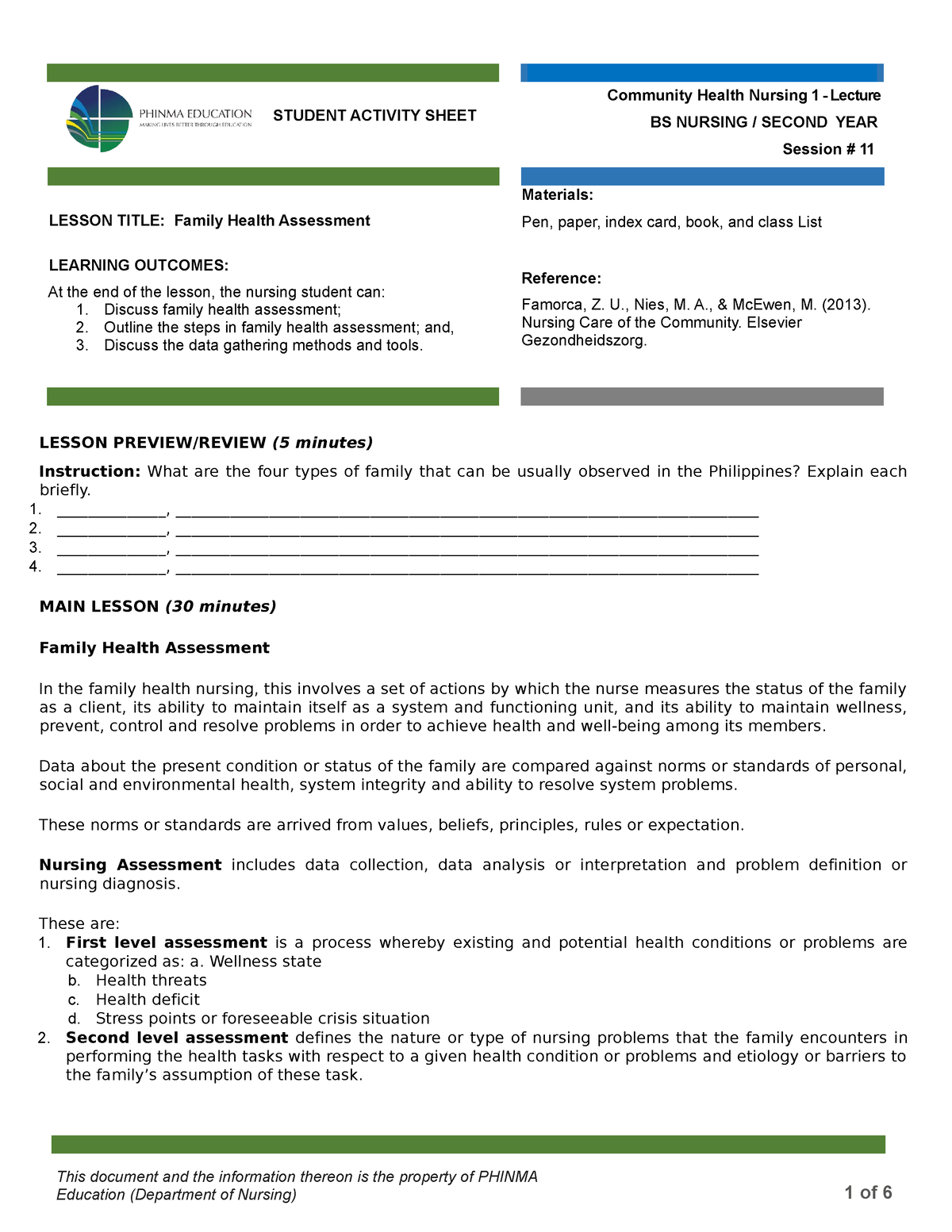 CHN1 Lec Session 11 SAS - Notes - STUDENT ACTIVITY SHEET Community ...