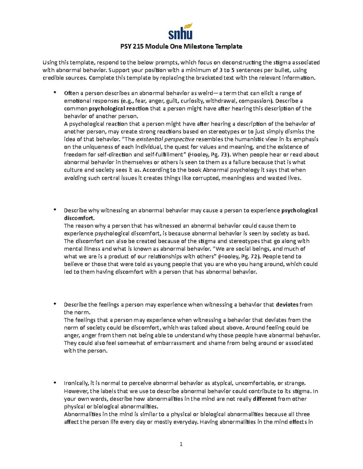 PSY 215 Module One Milestone Template PSY 215 Module One Milestone