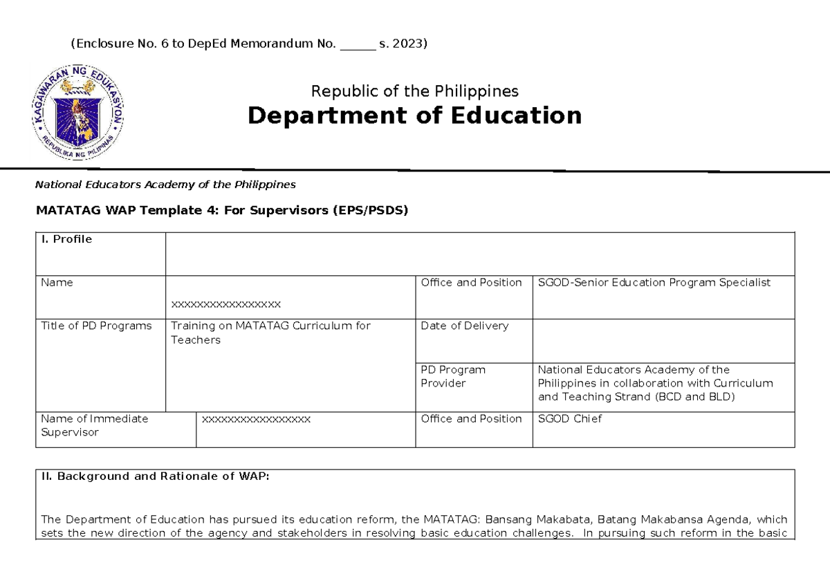 WAP - (Enclosure No. 6 to DepEd Memorandum No. ______ s. 2023) Republic ...