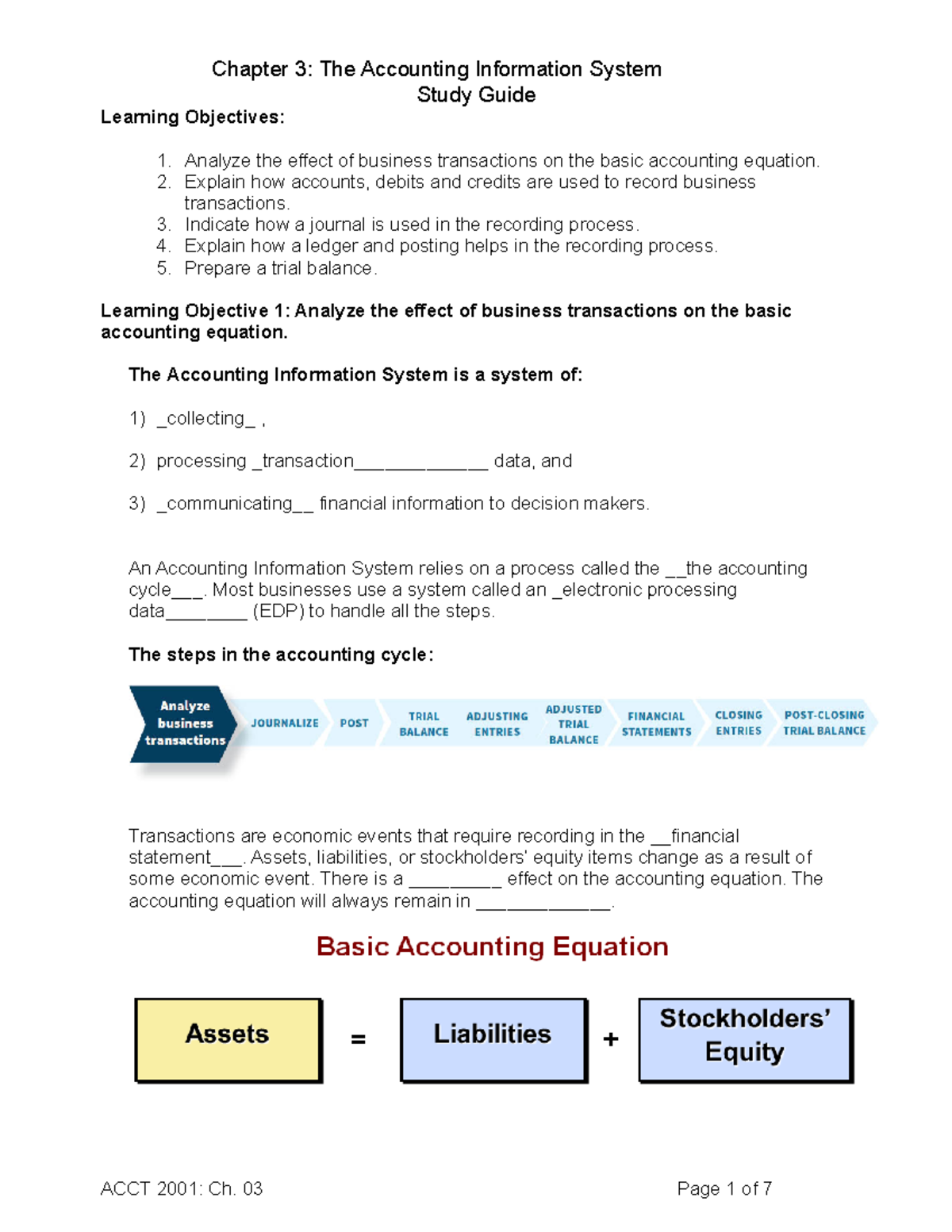 Acct Chapter 3 Study Guide - Study Guide Learning Objectives: Analyze ...