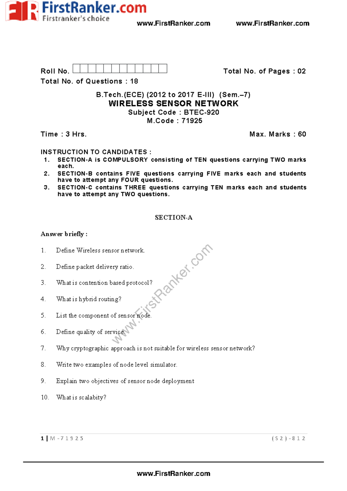 1. PTU OLD Question Paper - AWSN - FirstRanker 1 | M - 7 1 9 2 5 ( S 2 ...