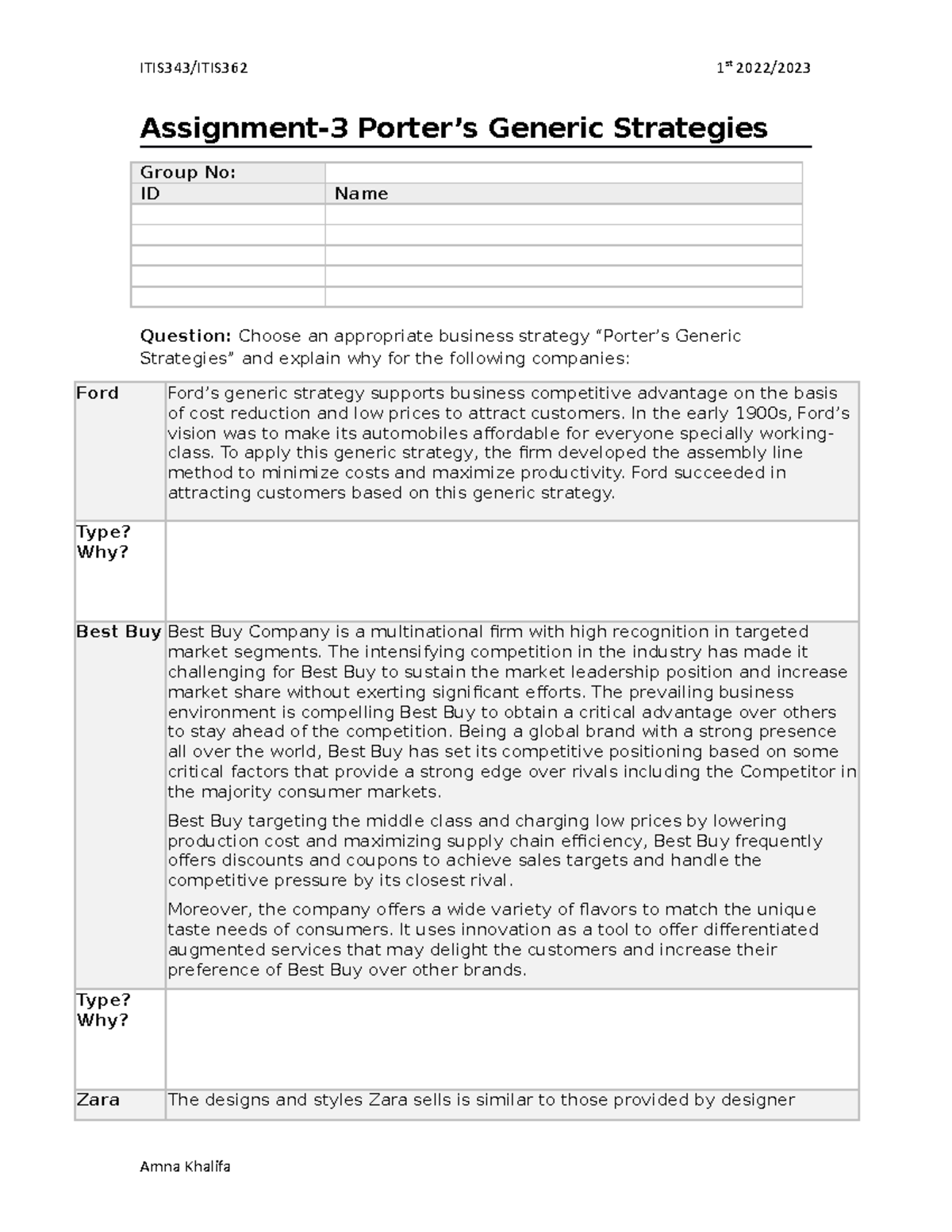 Assignment-3 Porter’s Generic Strategies - ITIS343/ITIS362 1 st 2022 ...
