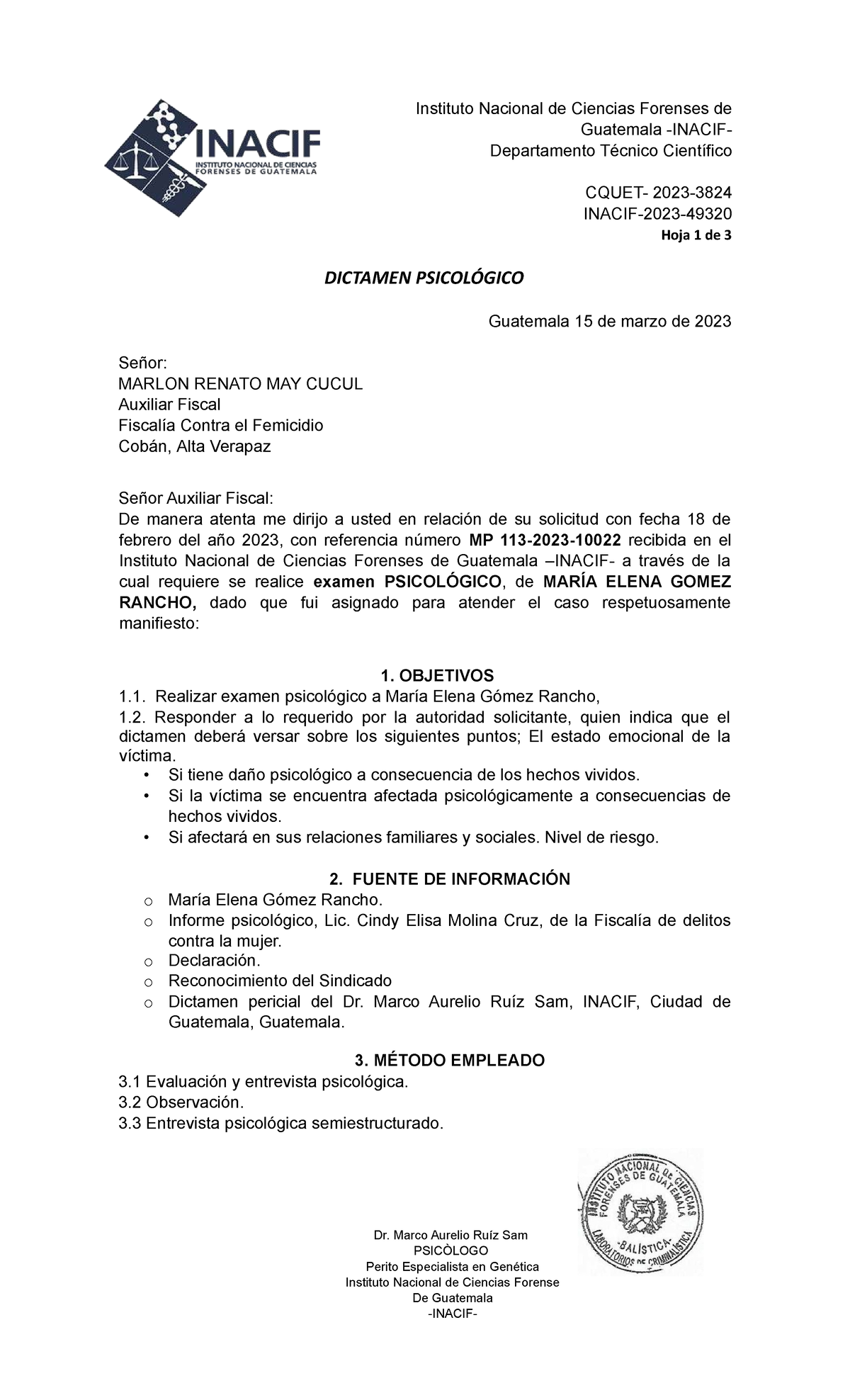 Informe Psicológico INACIF - Instituto Nacional de Ciencias Forenses de ...