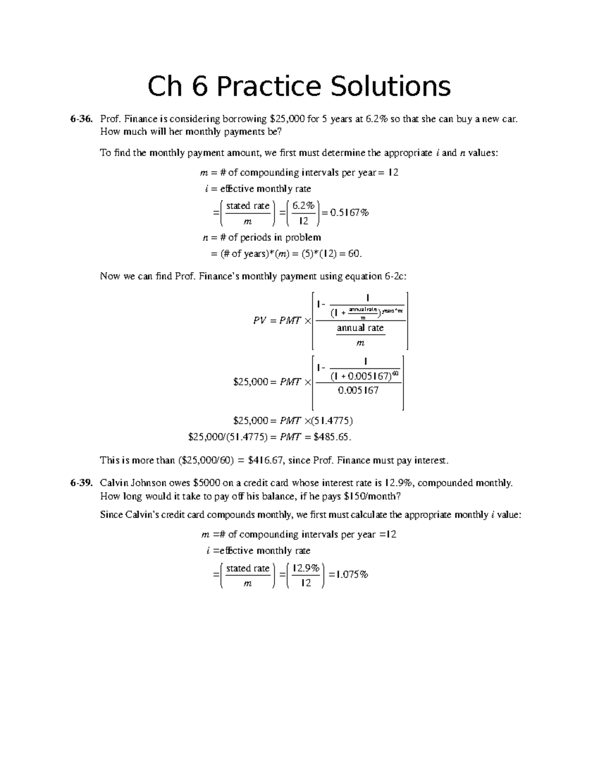 Ch 6 Practice Solutions - Ch 6 Practice Solutions 6-36. Prof. Finance ...