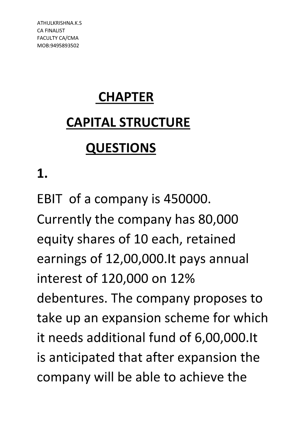 essay questions on capital structure