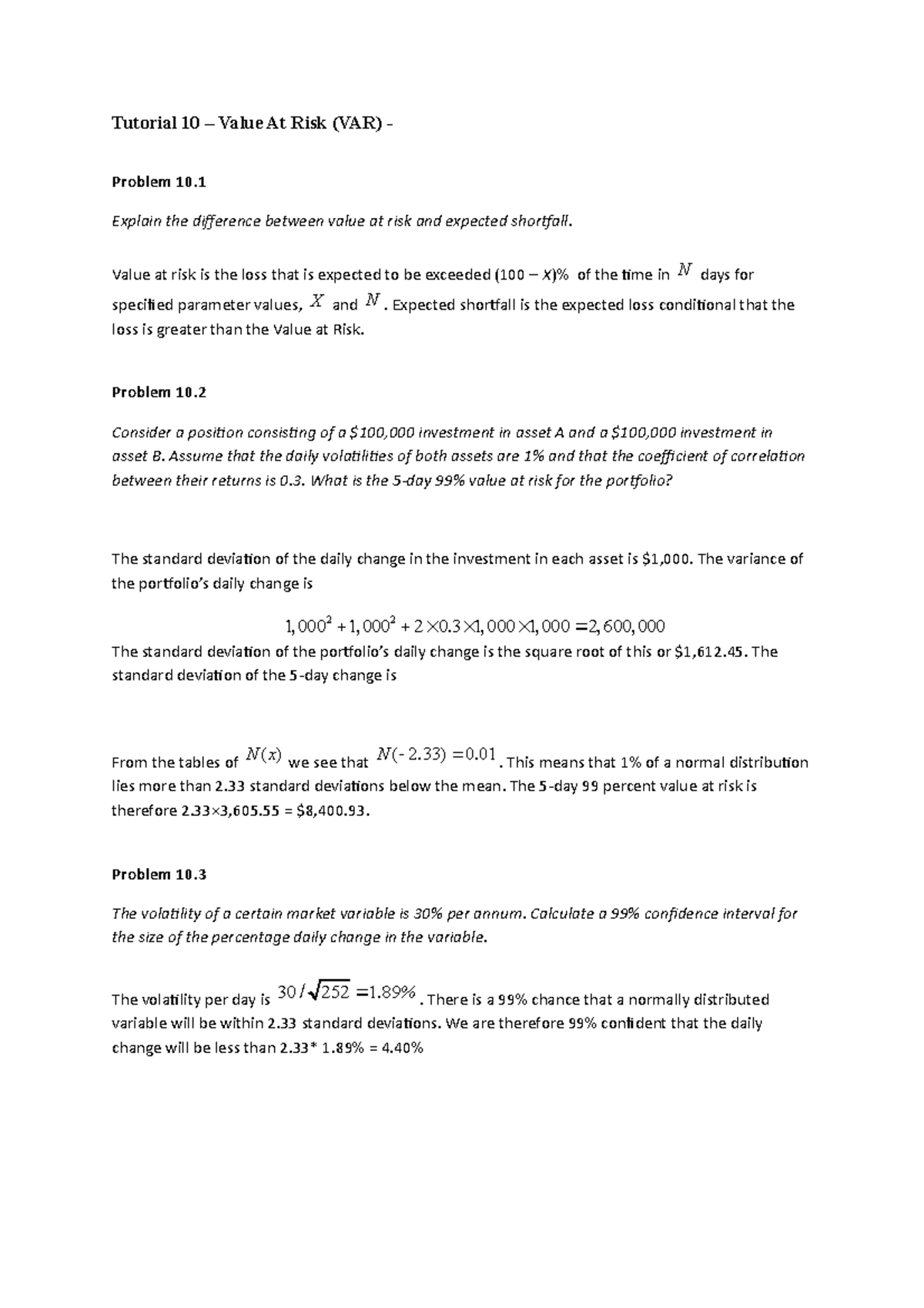 BAFI1029 Tutorial 10 Solution - Tutorial 10 – Value At Risk (VAR ...