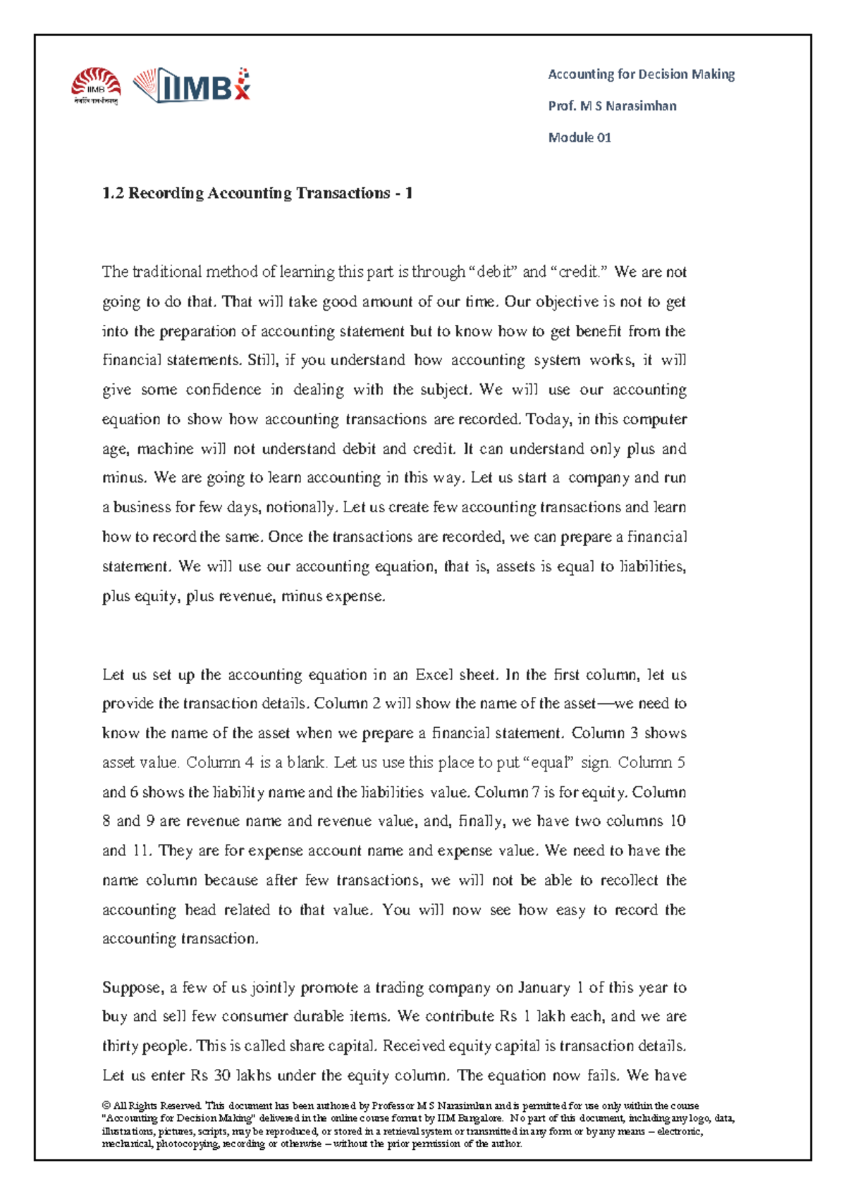 1.2 Recording Accounting Transactions-1 - Prof. M S Narasimhan Module ...