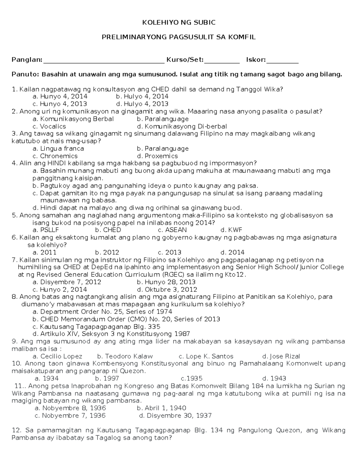 Komfil Prelim - sample exercises - KOLEHIYO NG SUBIC PRELIMINARYONG ...