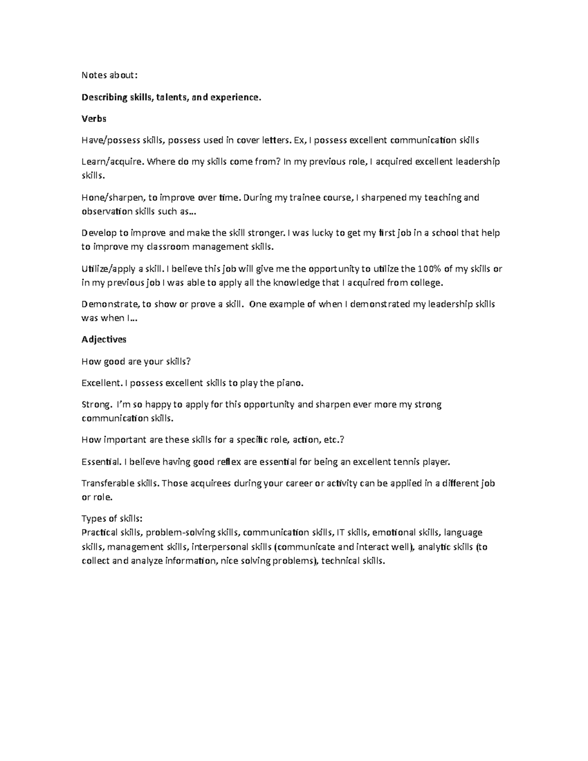 Notes about - Notes about: Describing skills, talents, and experience ...