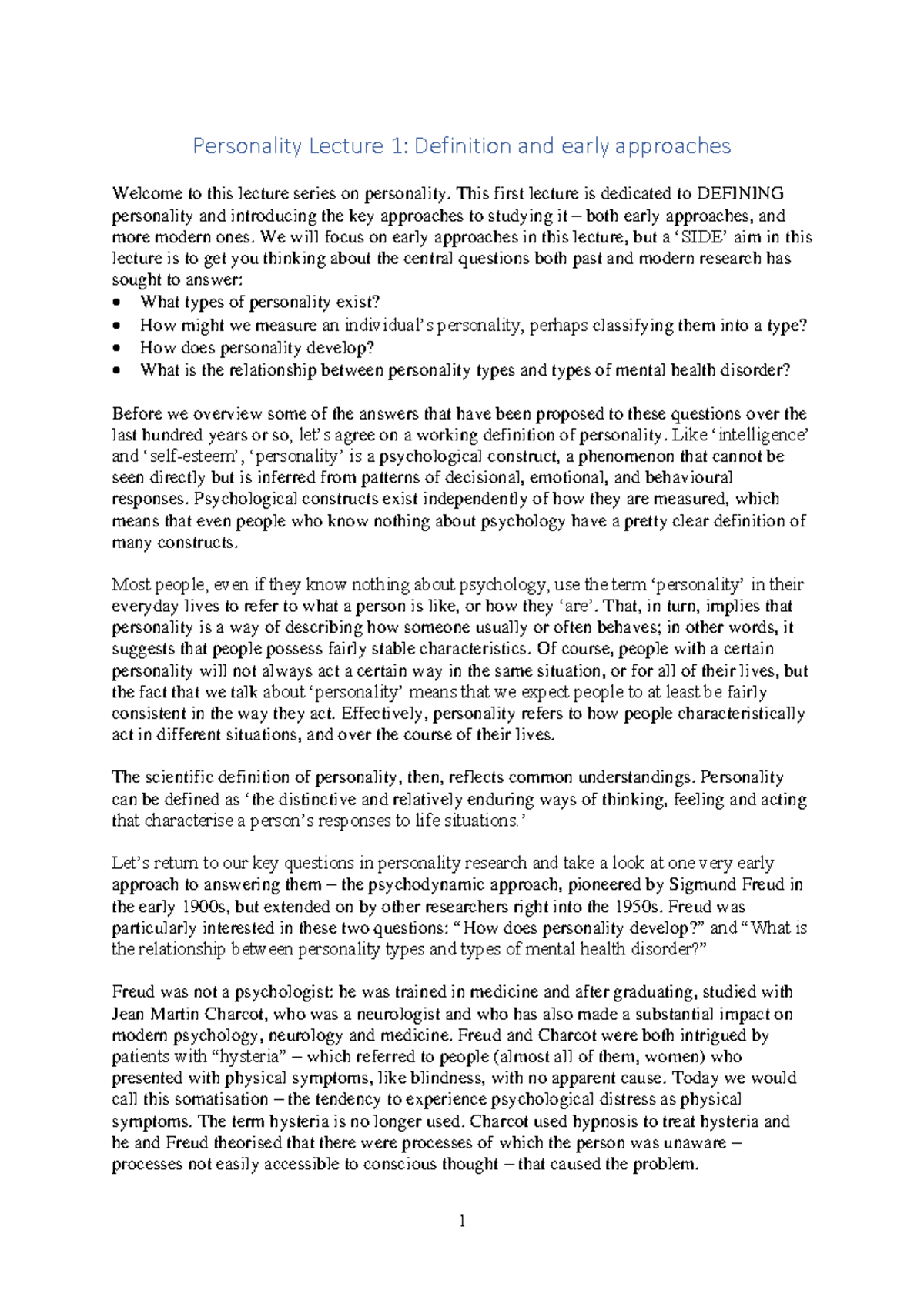 Definition and early approaches script Psychology 1001 Adelaide