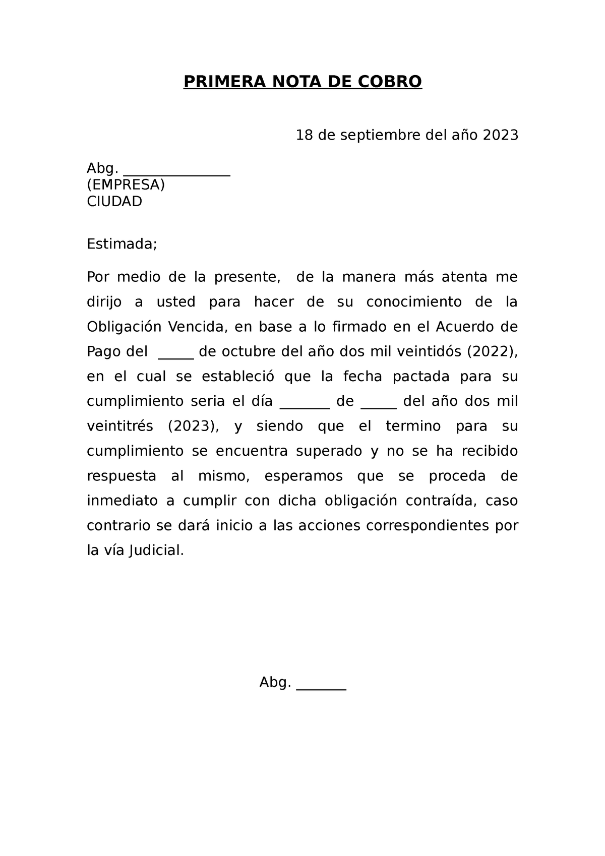 Formato Primera NOTA DE Cobro - PRIMERA NOTA DE COBRO 18 De Septiembre ...