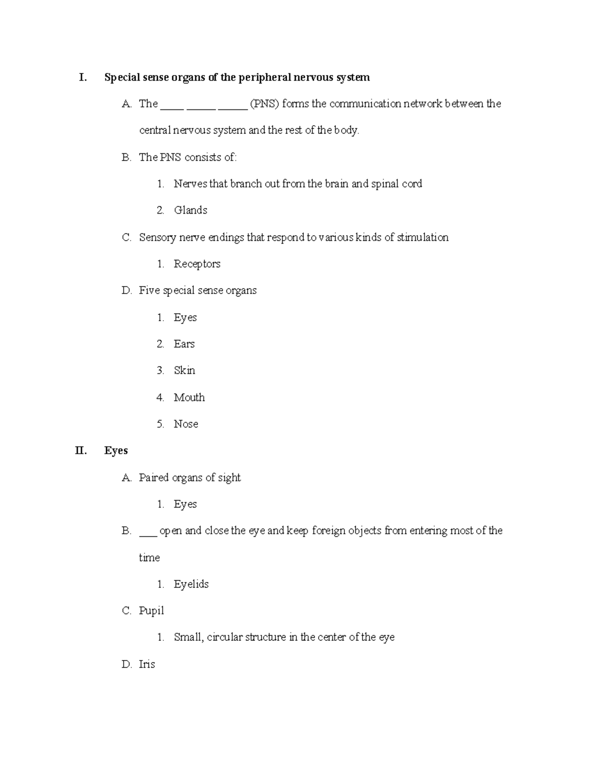 Medical Terminology Special sense organs of the peripheral nervous