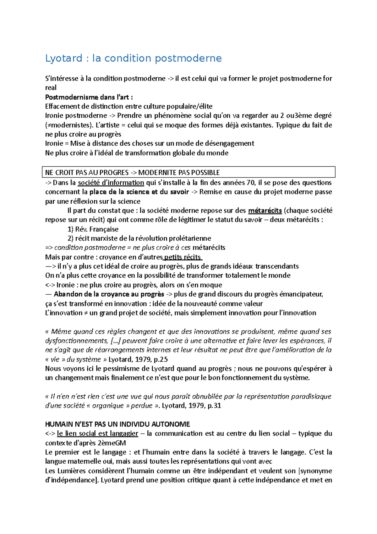 Lyotard Résumé Théories contemporaines Lyotard la condition postmoderne la condition Studocu