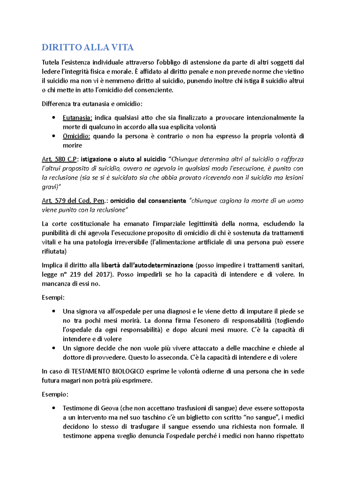 Diritto privato 1° parte DIRITTO ALLA VITA Tutela l’esistenza