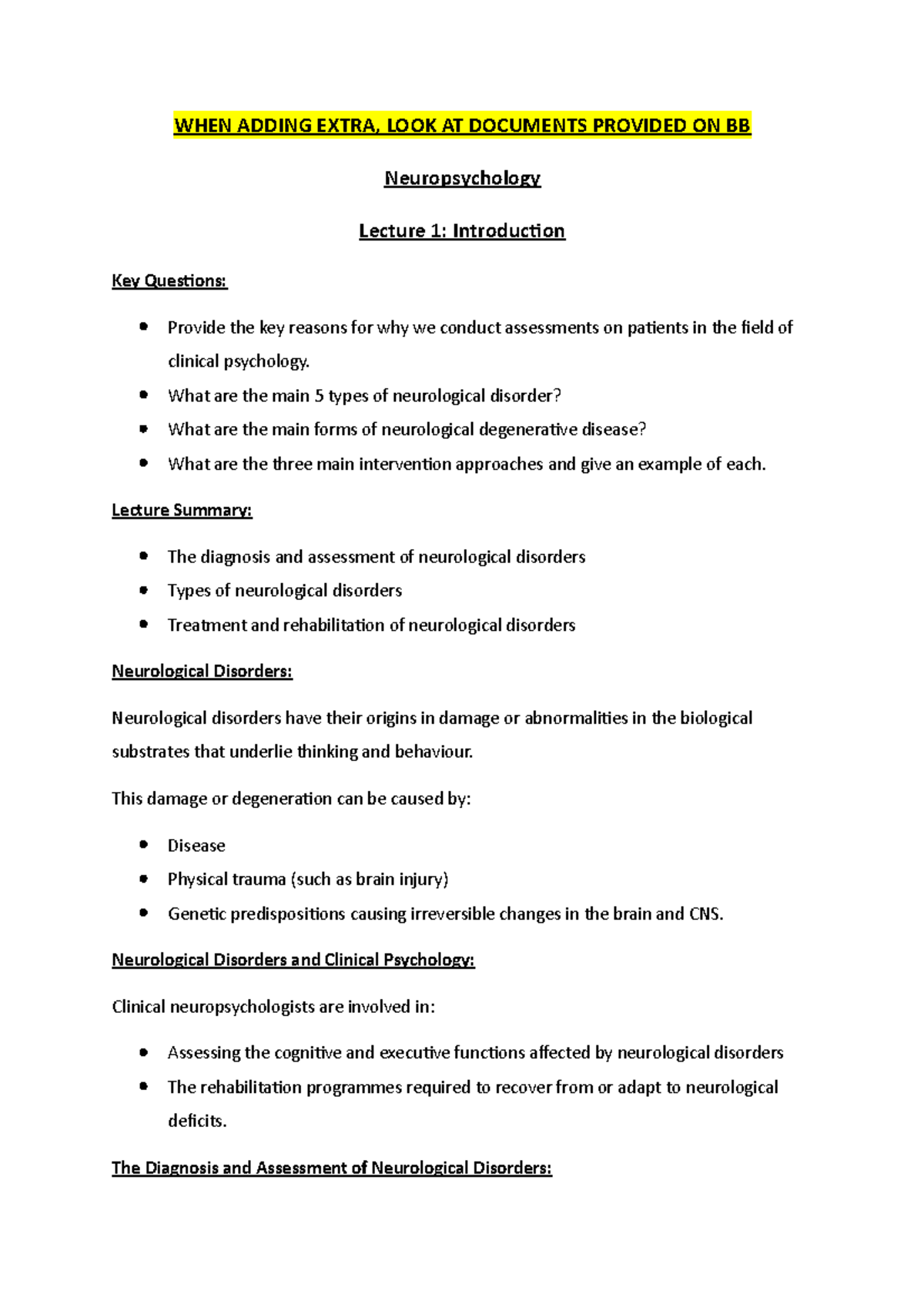 Neuropsychology - Lecture notes Full module - WHEN ADDING EXTRA, LOOK ...