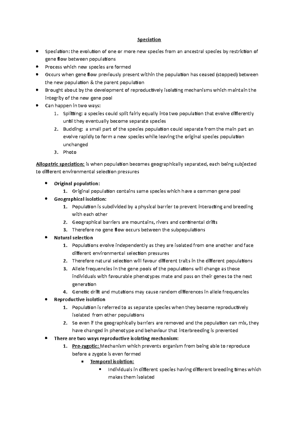 Speciation - Lecture notes - Speciation Speciation: the evolution of ...