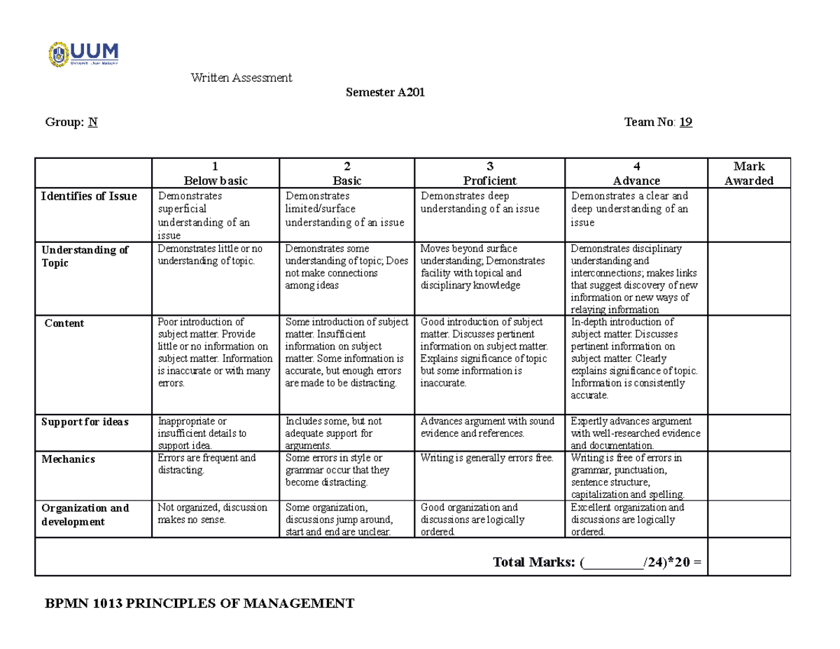 BPMN 1013 Rubric Written Assignment Dec 2020 - Written Assessment ...