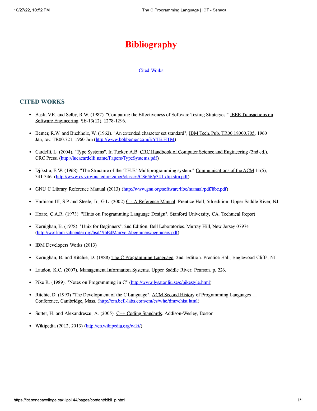 The C Programming Language ICT Bibliography - Seneca - 10/27/22