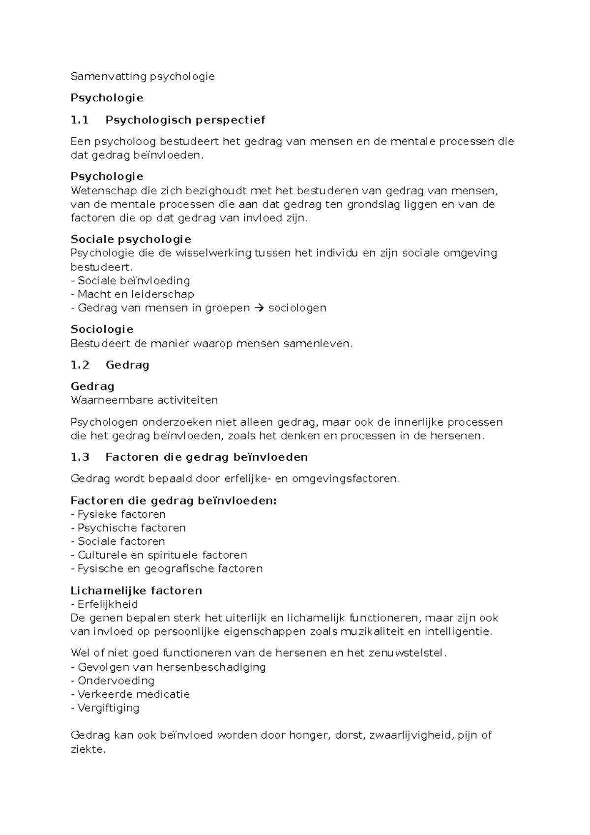 Samenvatting Psychologie And Sociologie H1 Samenvatting Psychologie