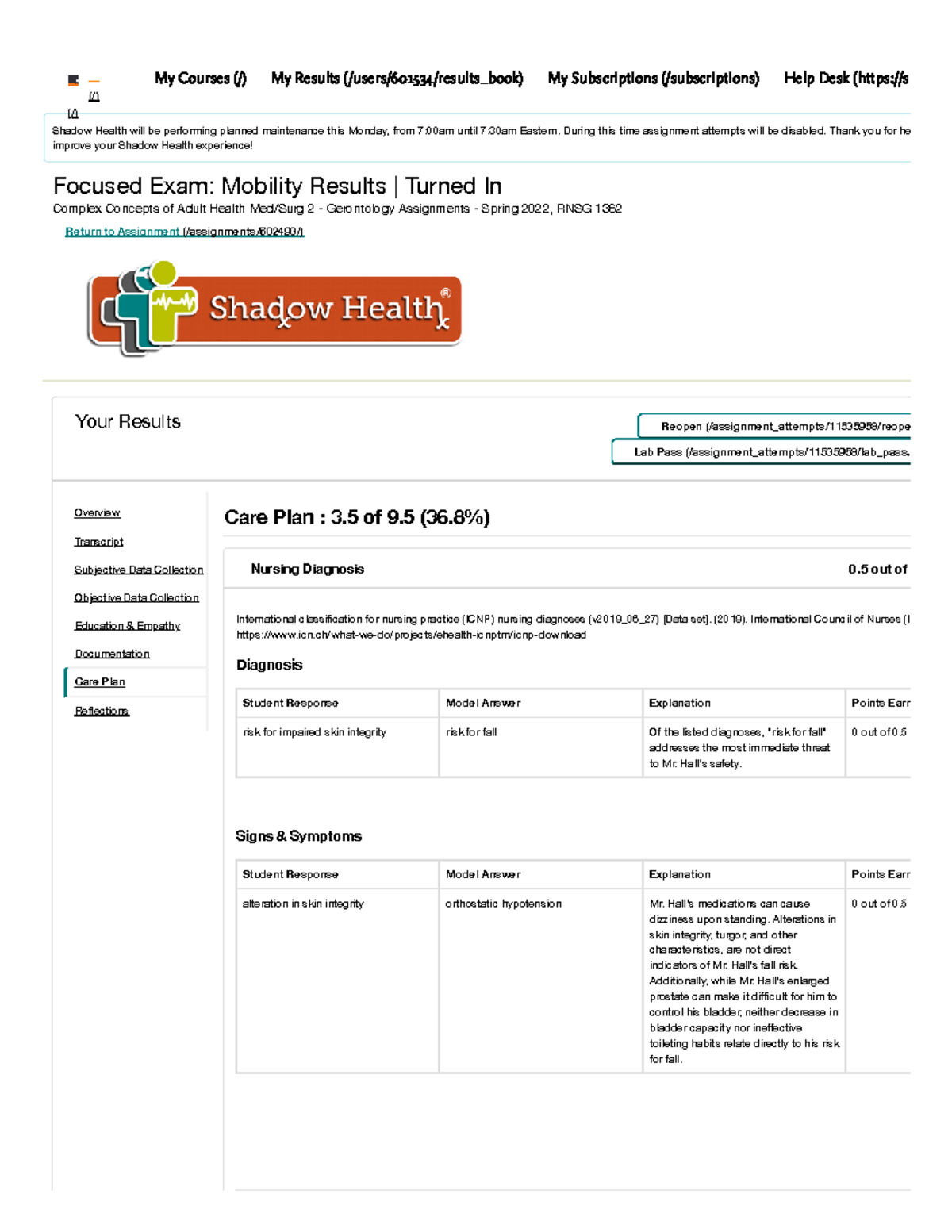 Nursing Care Plan Robert Hall Mobility Shadow Health Focused Exam