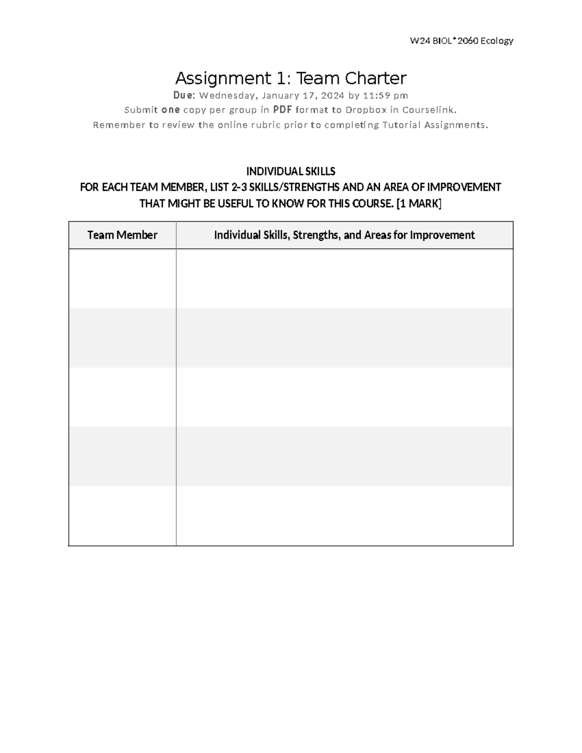 Assignment 1 Team Charter - Assignment 1: Team Charter Due: Wednesday ...