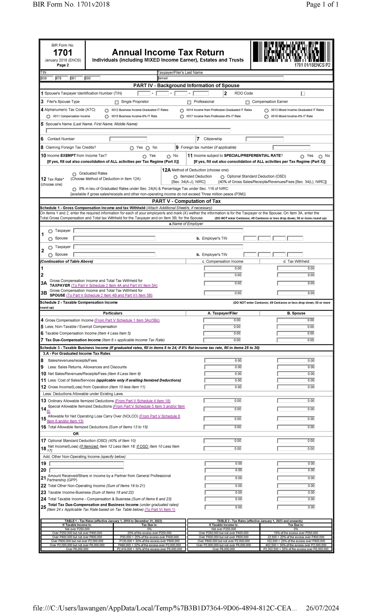 B - bir - BIR Form No. 1701 January 2018 (ENCS) Page 2 Annual Income ...