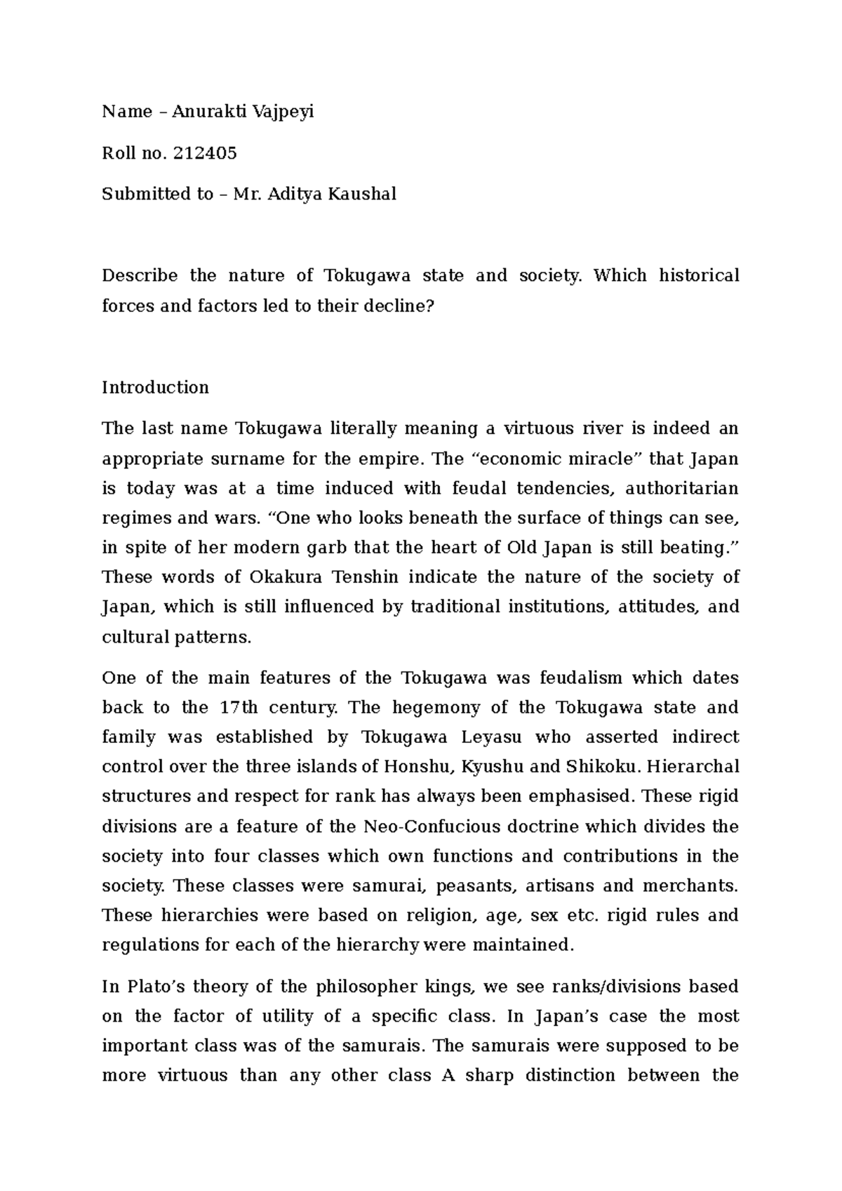 Modern Japan Assignment - Name – Anurakti Vajpeyi Roll no. 212405 ...