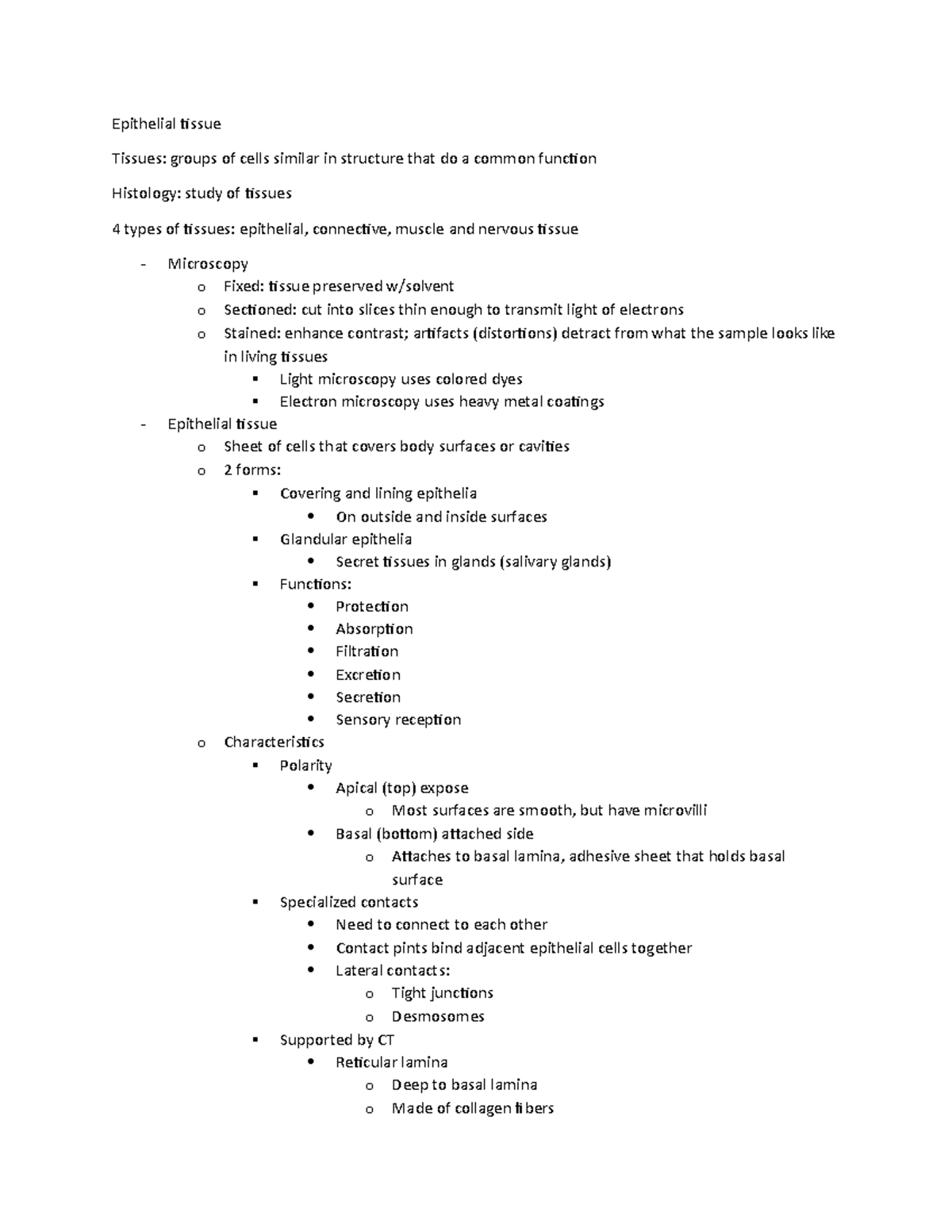 Chapter 4 - tissue - Epithelial tissue Tissues: groups of cells similar ...