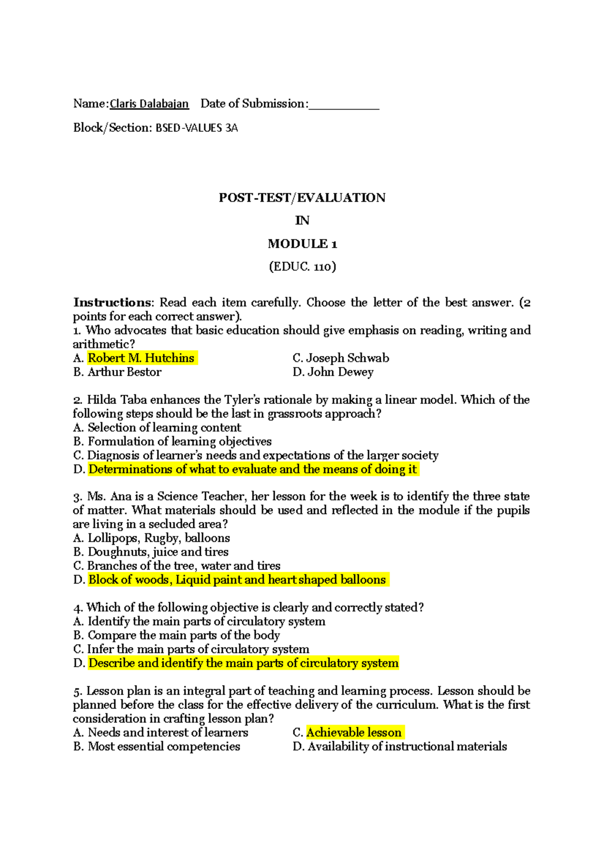[Template] Post-Test in Module 1 - Name:Claris Dalabajan Date of ...