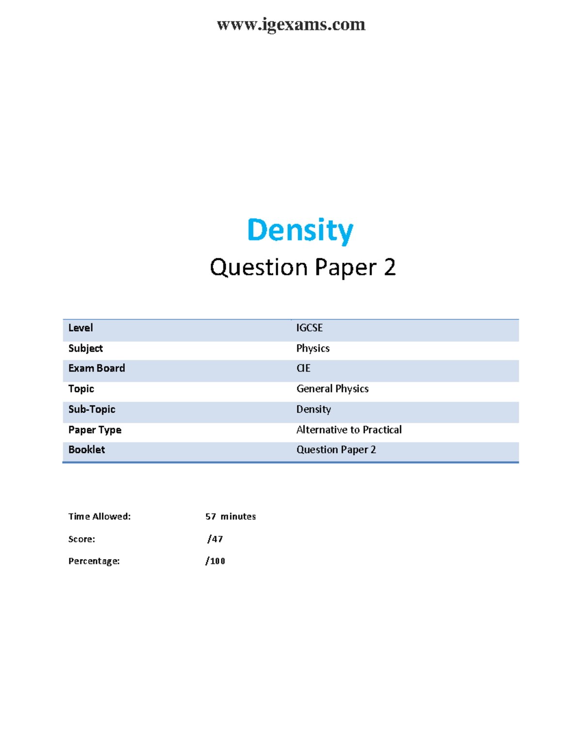 Science density - Density Question Paper 2 Level IGCSE Subject Physics ...