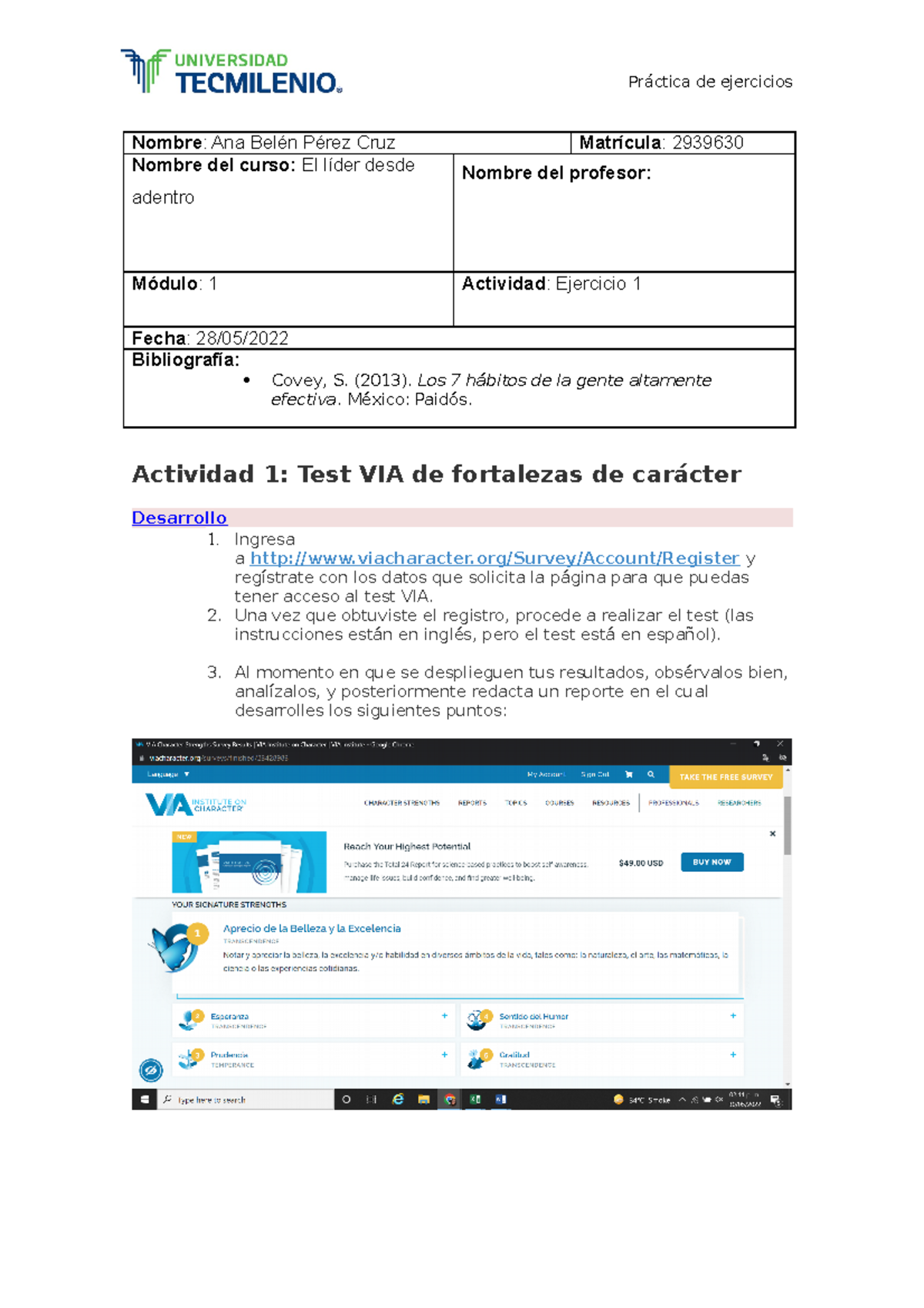 Actividad 1 El líder desde adentro - Práctica de ejercicios Nombre: Ana ...