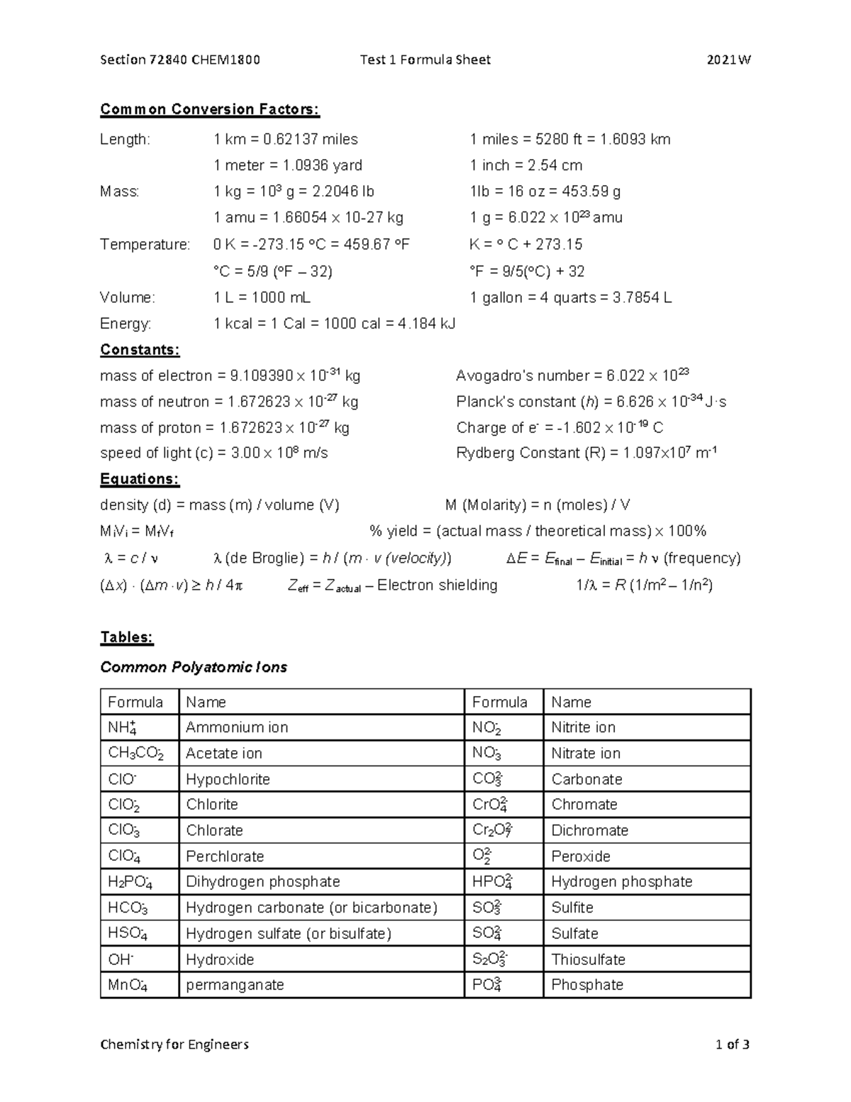 CHEM 1800 TT1 Formula Sheet R 1a - Section 72840 CHEM1800 Test 1 ...