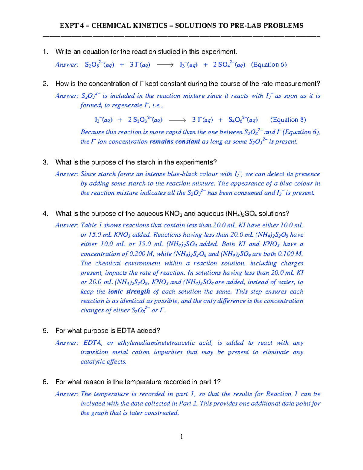 Lab 4 - lab report - EXPT 4 – CHEMICAL KINETICS – SOLUTIONS TO PRE-LAB ...