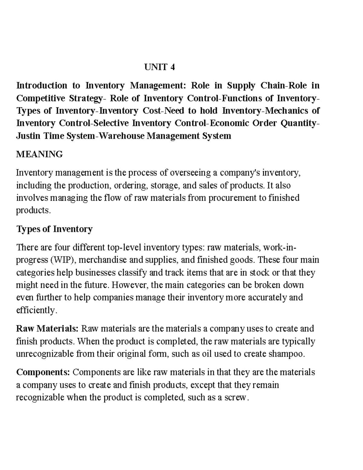 UNIT 4 - A NOTES ON COMMUNICATION - UNIT 4 Introduction to Inventory ...