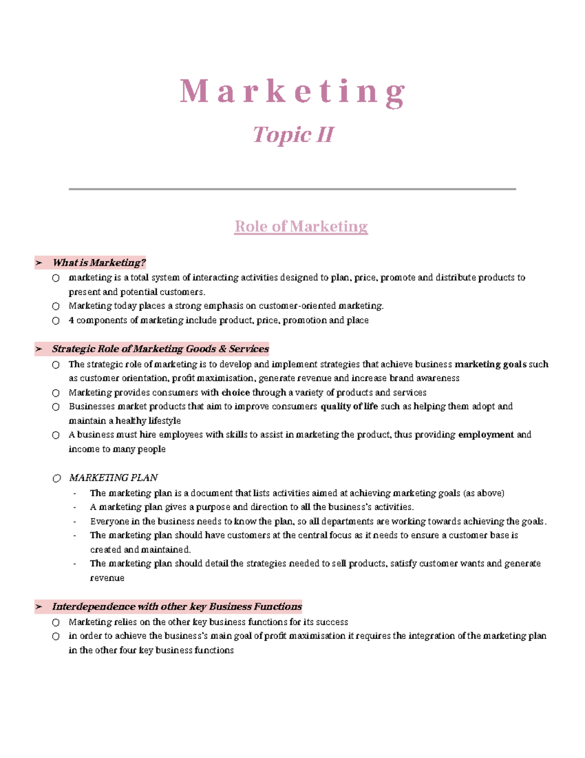 2022 Topic 2 Marketing study notes - M a r k e t i n g Topic II Role of ...