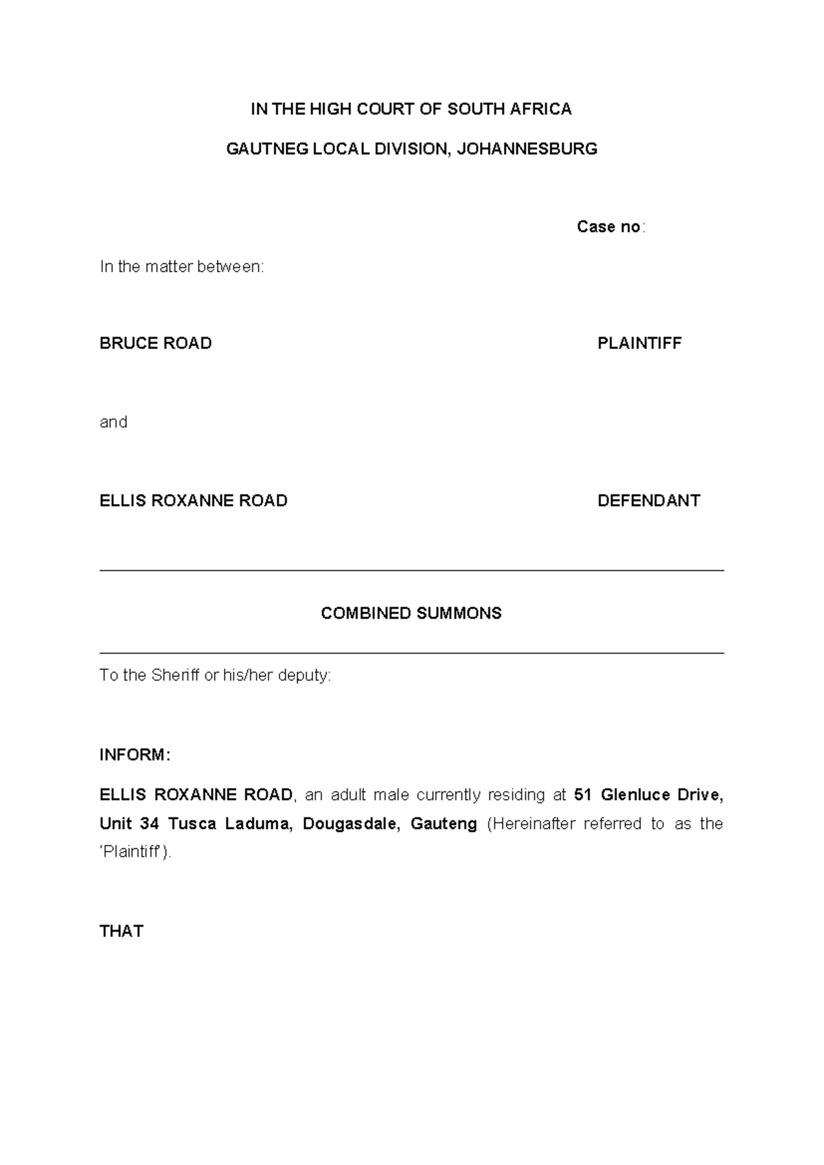 Divorce Summons Template - IN THE HIGH COURT OF SOUTH AFRICA GAUTNEG ...