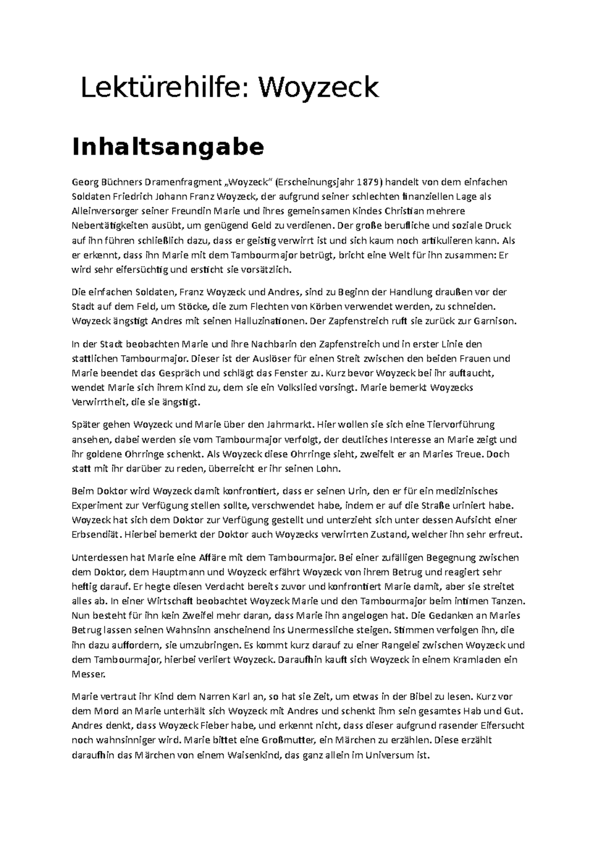 Woyzeck Zusammenfassung Der Szenen Zusammenfassung des Buches Woyzeck - Lektürehilfe: Woyzeck