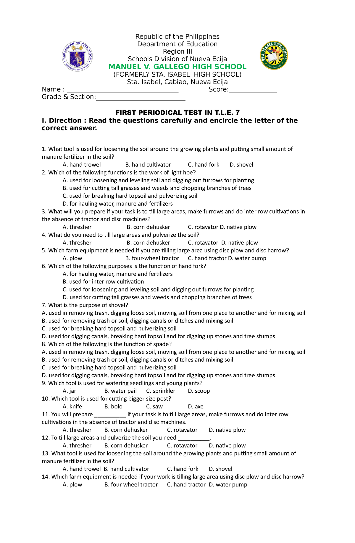 Periodical TEST IN TLE 7 - Republic of the Philippines Department of ...