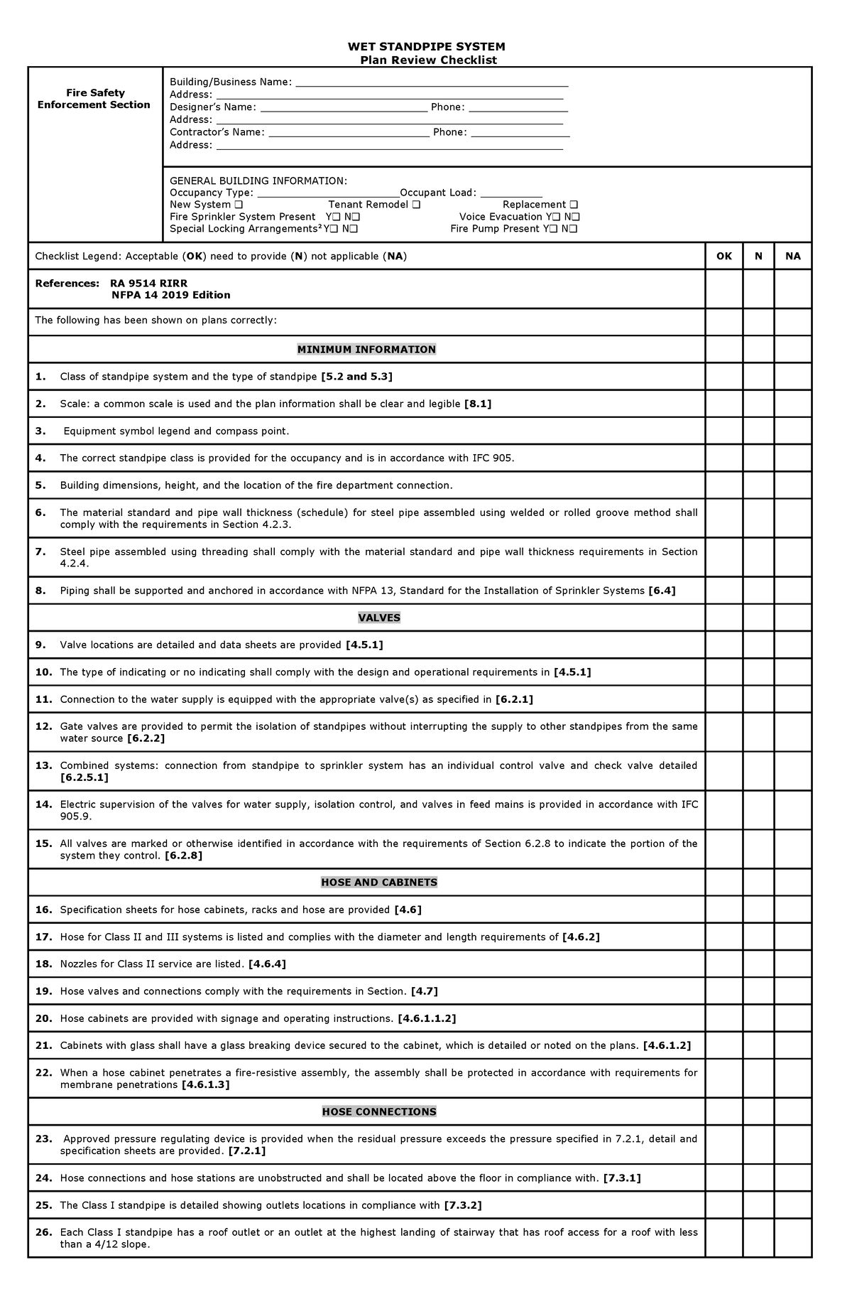 Standpipe System Plan Review Checklist - WET STANDPIPE SYSTEM Plan ...