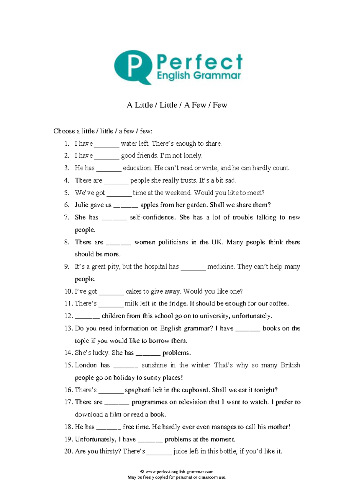 Few a few little a little exercise 1 - May be freely copied for ...