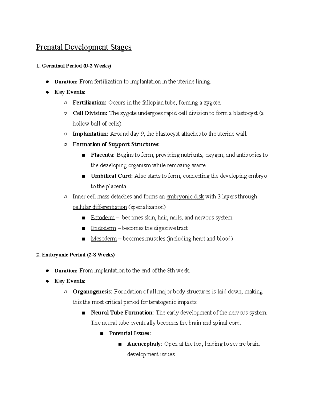 DEV Psych CH 3 Review Sheet - Prenatal Development Stages Germinal ...