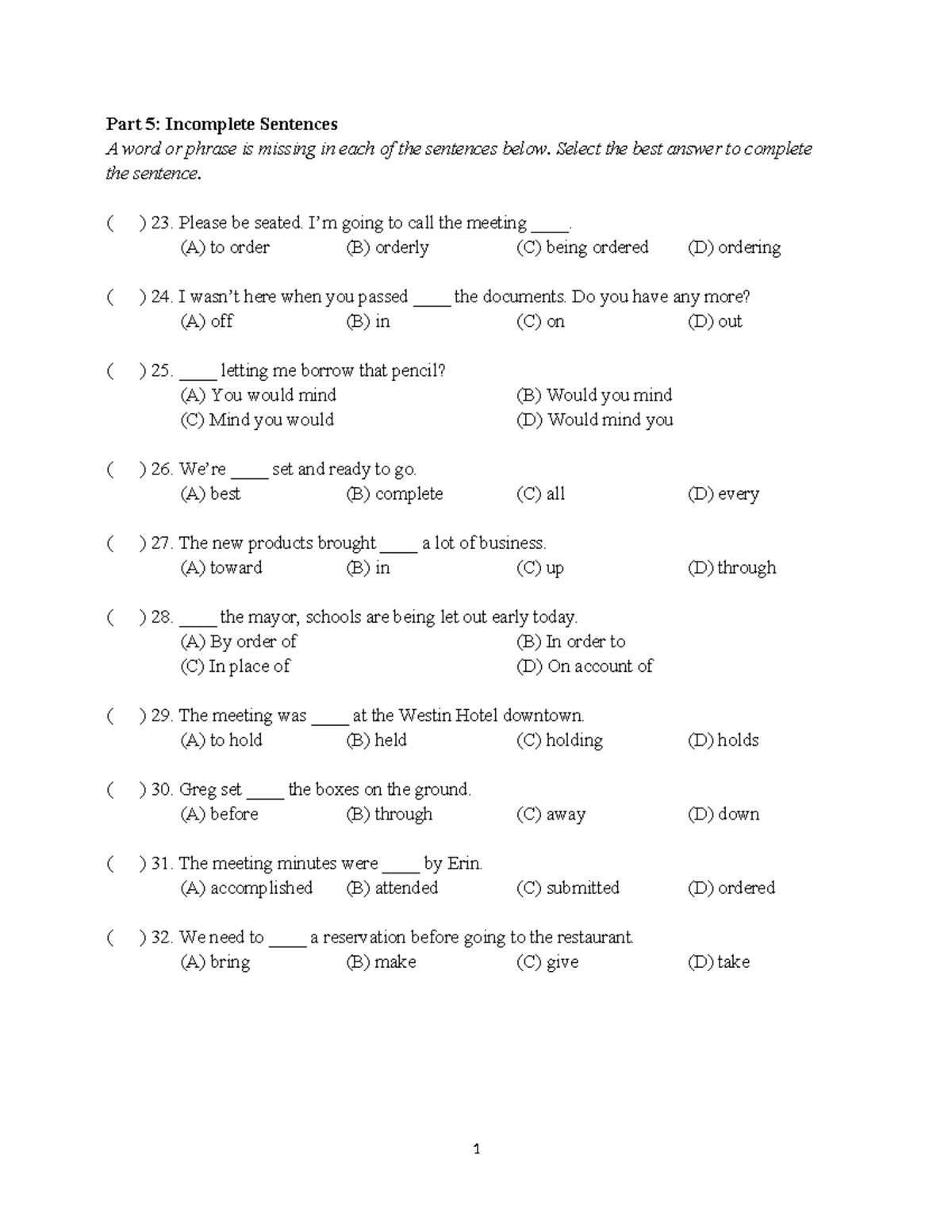 Reading PART Business Review - Part 5: Incomplete Sentences A word or ...