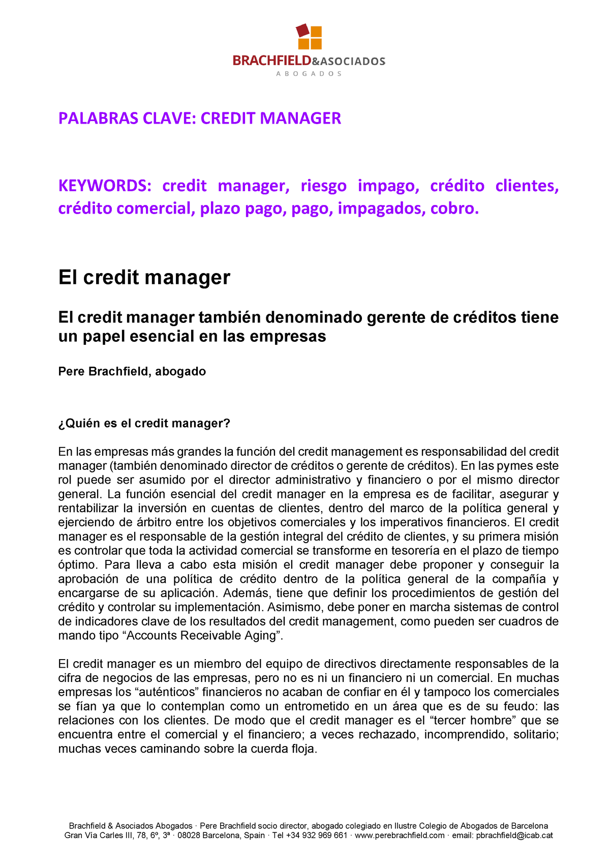 El Credit Manager - Brachfield & Asociados Abogados · Pere Brachfield ...