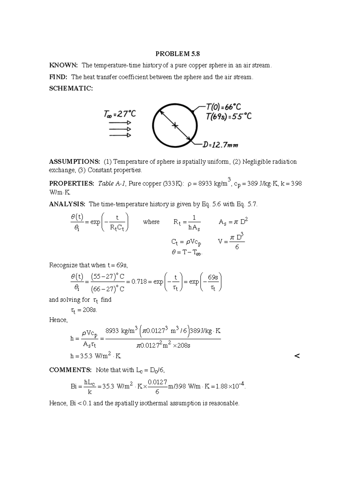 Hw7 Solutions Home Work Problem And Solution For Heat Transfer Problem Known The Temperature Time History Of Pure Copper Sphere In An Air Stream Find The Studocu