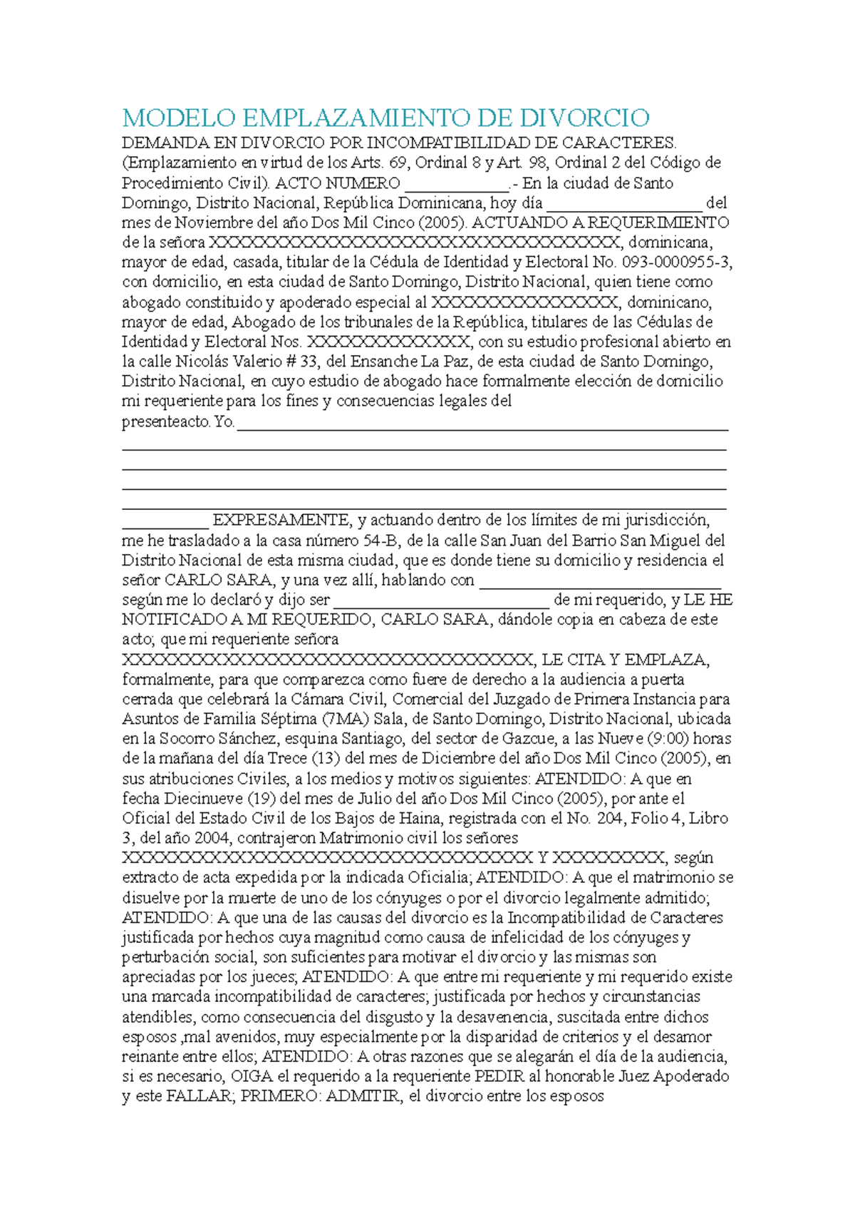 Modelo De Acto De Emplazamiento Modelo Emplazamiento De Divorcio Demanda En Divorcio Por Studocu