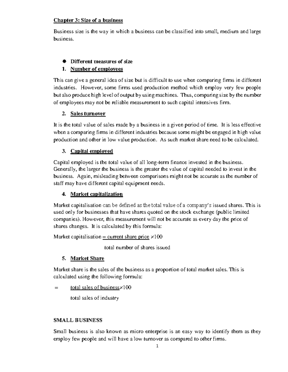 unit 1 business - Chapter 3: Size of a business Business size is the ...